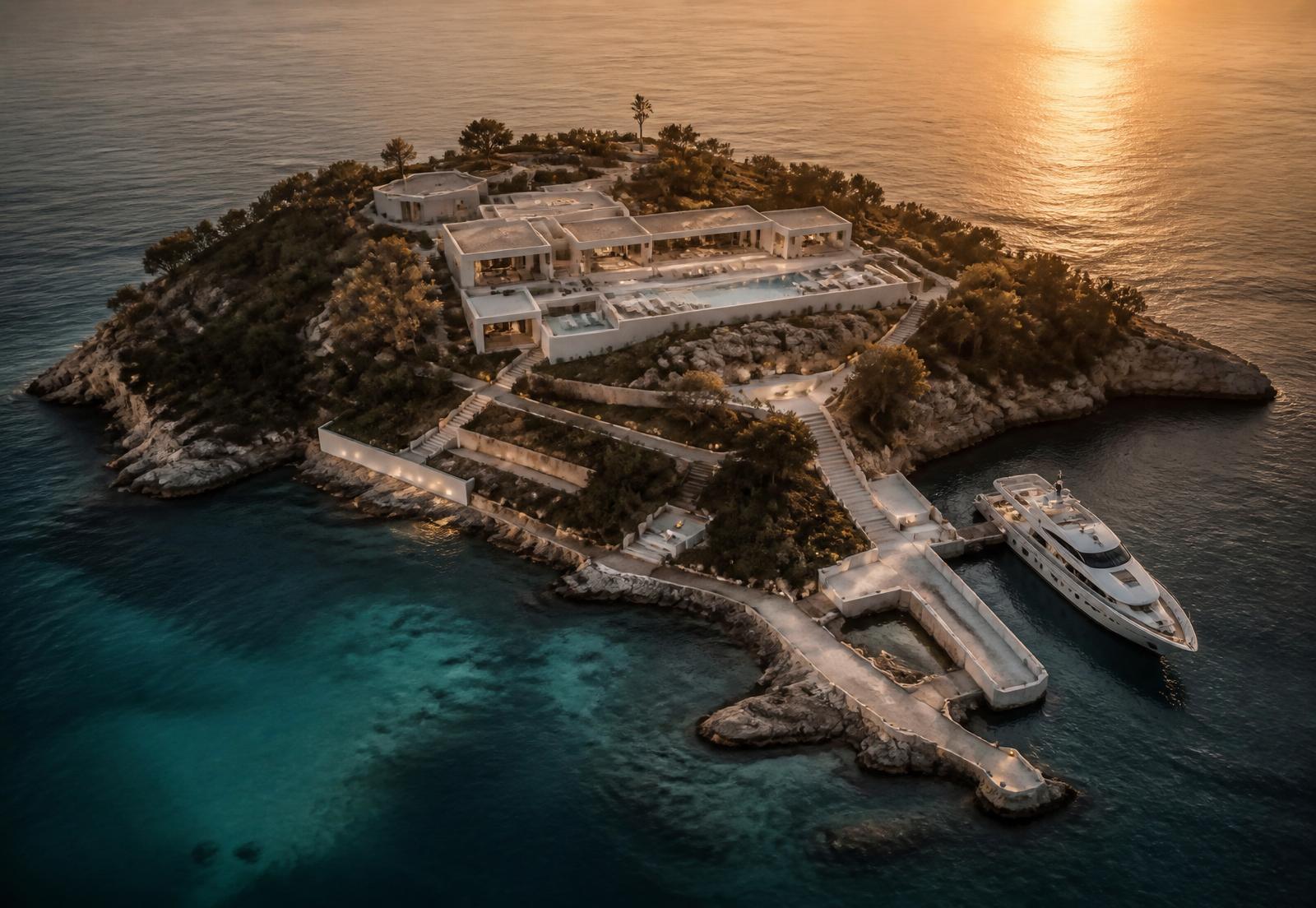 Aerial view of a private island estate at dusk
